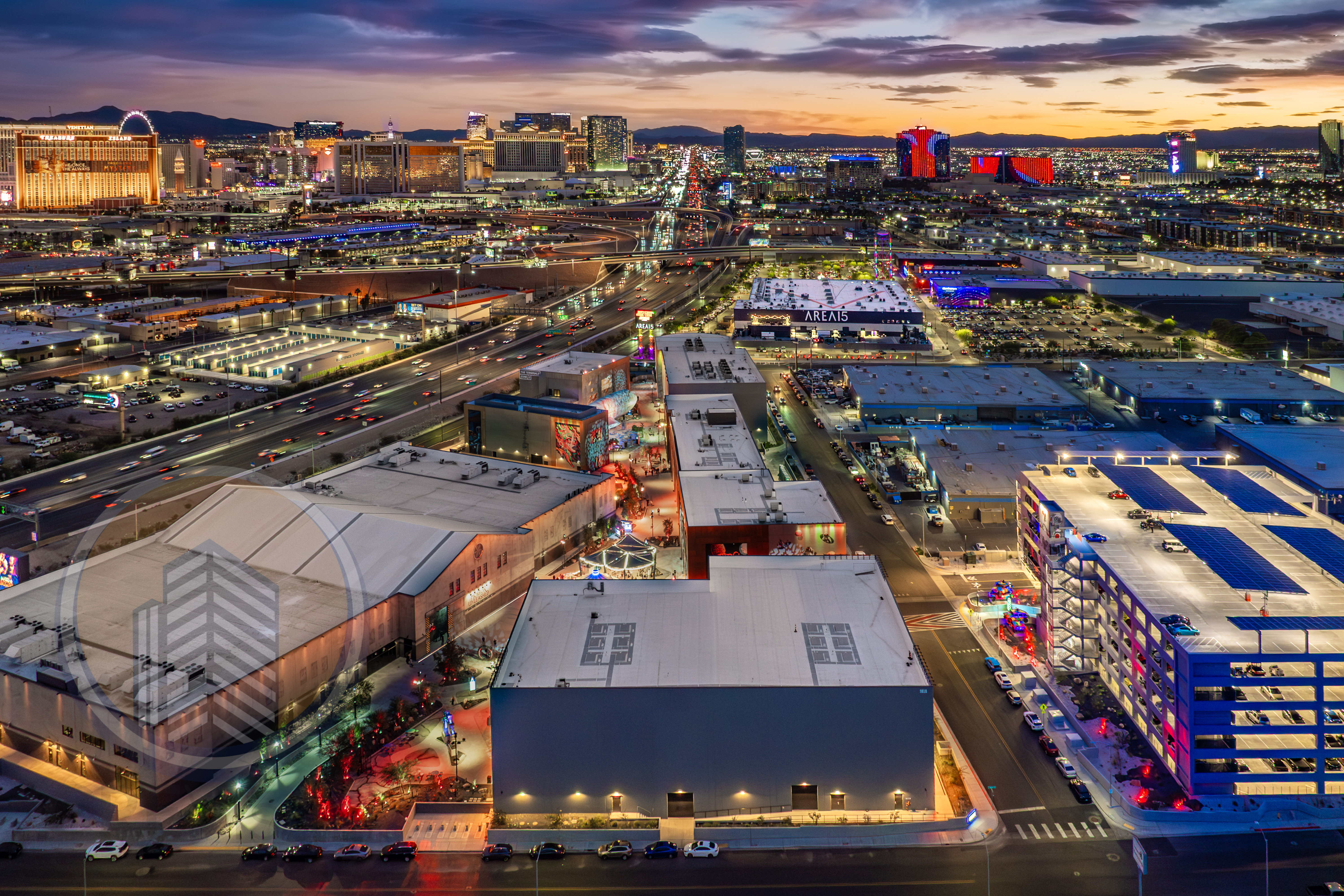 Twilight aerial shoot AREA 15 Las Vegas — FAA Part 107 drone photography
